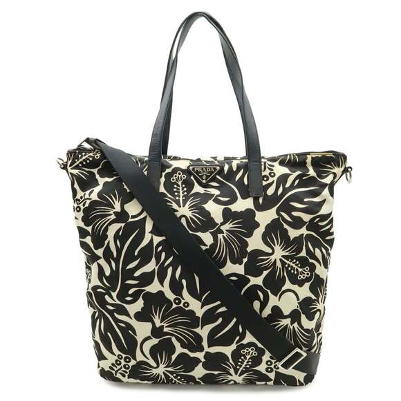 PRADA Handbags - PRADA Prada Tote Bag Shoulder Hibiscus Flower Print Nylon Leather NERO Black ...